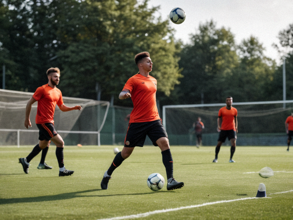足球训练场上球员进行传接球训练的画面