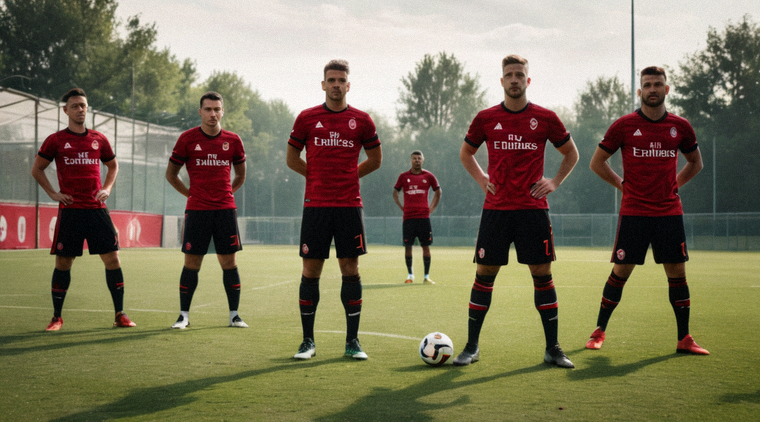 AC米兰球员在训练基地进行战术跑位训练的场景