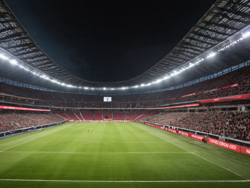 体育场看台全景，球迷聚集观看比赛，场地草坪与灯光清晰