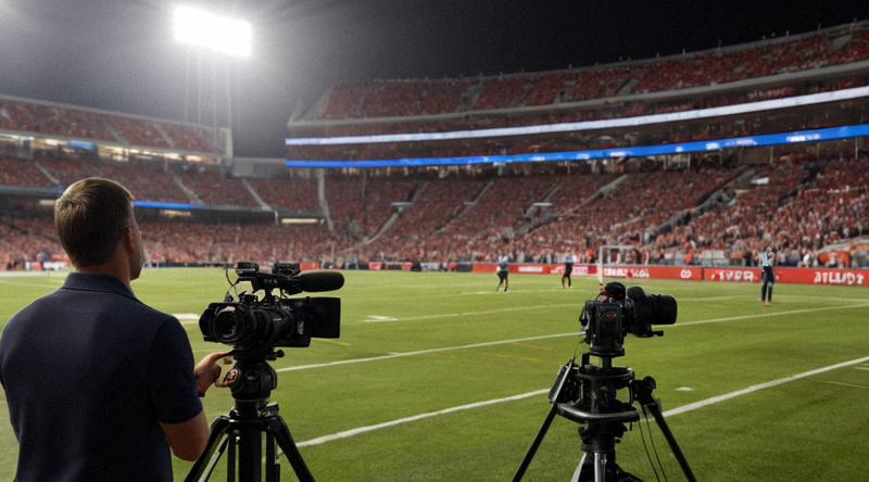体育新闻发布现场,记者在赛场边进行采访记录