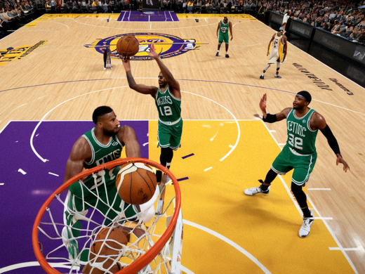 NBA比赛现场，湖人与凯尔特人球员在篮下对抗的画面